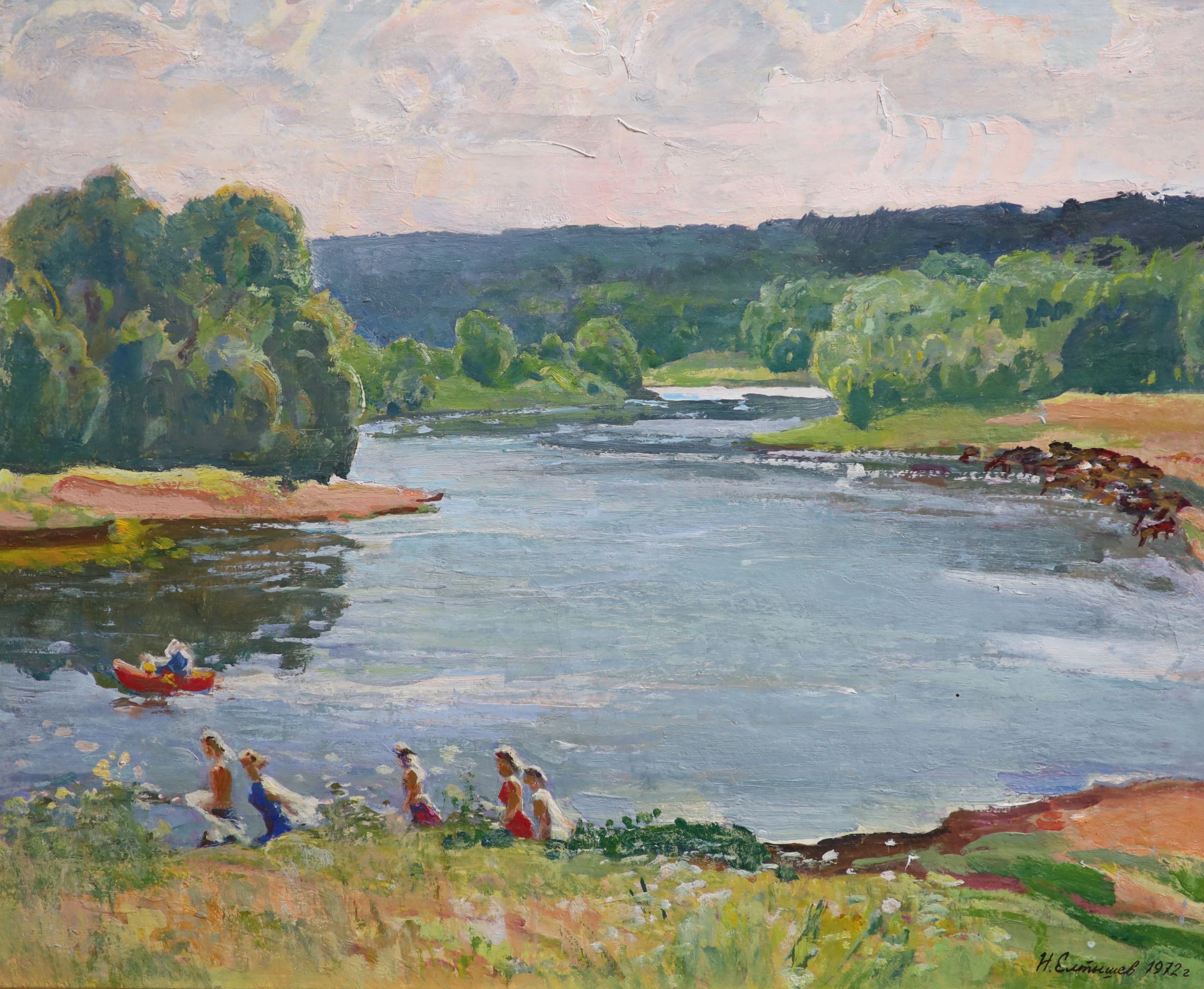 Nikolai Eltyshev (Russian), oil on canvas, Fun by the river, signed and dated 1972, 54 x 67cm